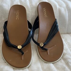 Vionic Black Braided Thong Sandals with Brown Footbed and Gold Accent